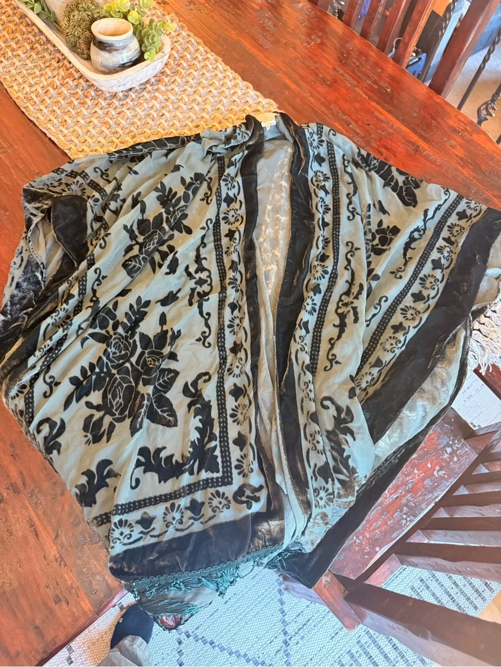 Free People Velvet Floral Burnout Shawl - Sage Green and Black